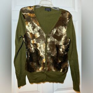 Ted Baker London Meenaa Olive Green Gold Sequin Cardigan Sz 4 Us Sz 10 Sweater